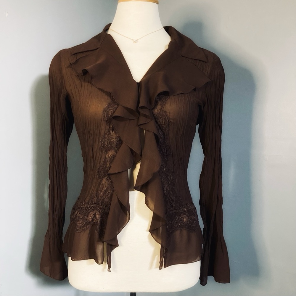 Y2K neutral brown frilly bell sleeve fairy core sheer blouse